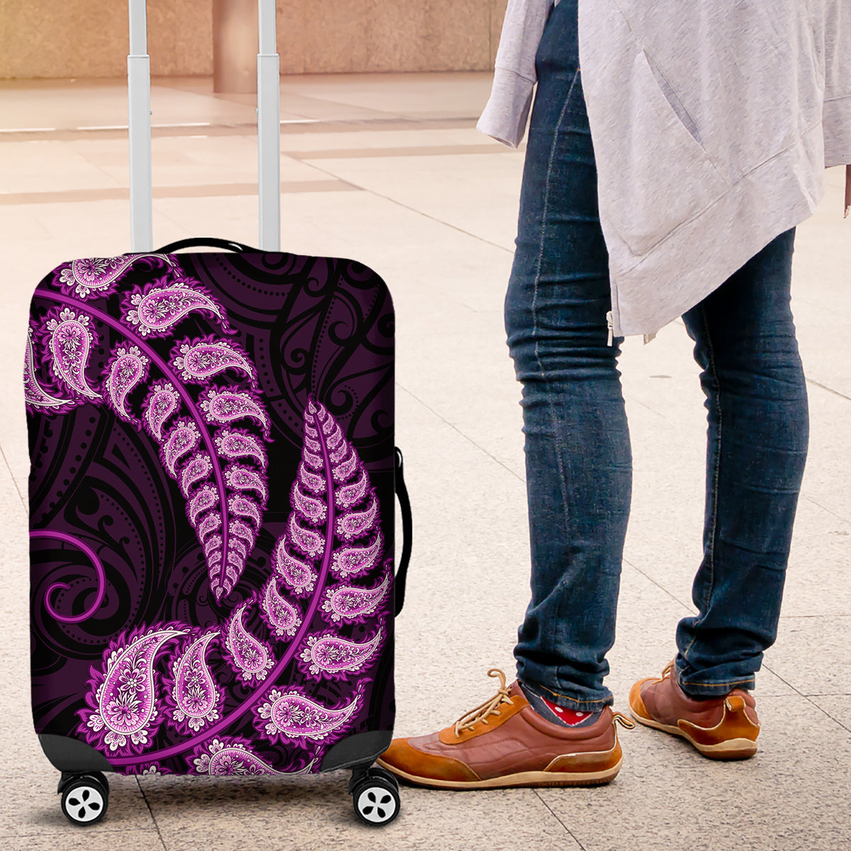 Purple New Zealand Paisley Silver Fern Luggage Cover Aotearoa Maori - Vibe Hoodie Shop