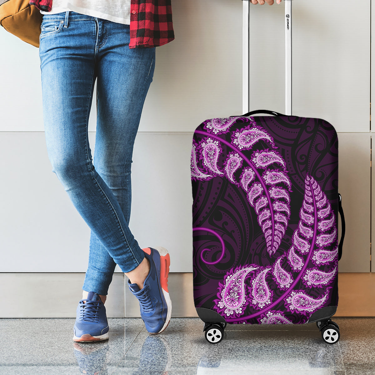 Purple New Zealand Paisley Silver Fern Luggage Cover Aotearoa Maori - Vibe Hoodie Shop