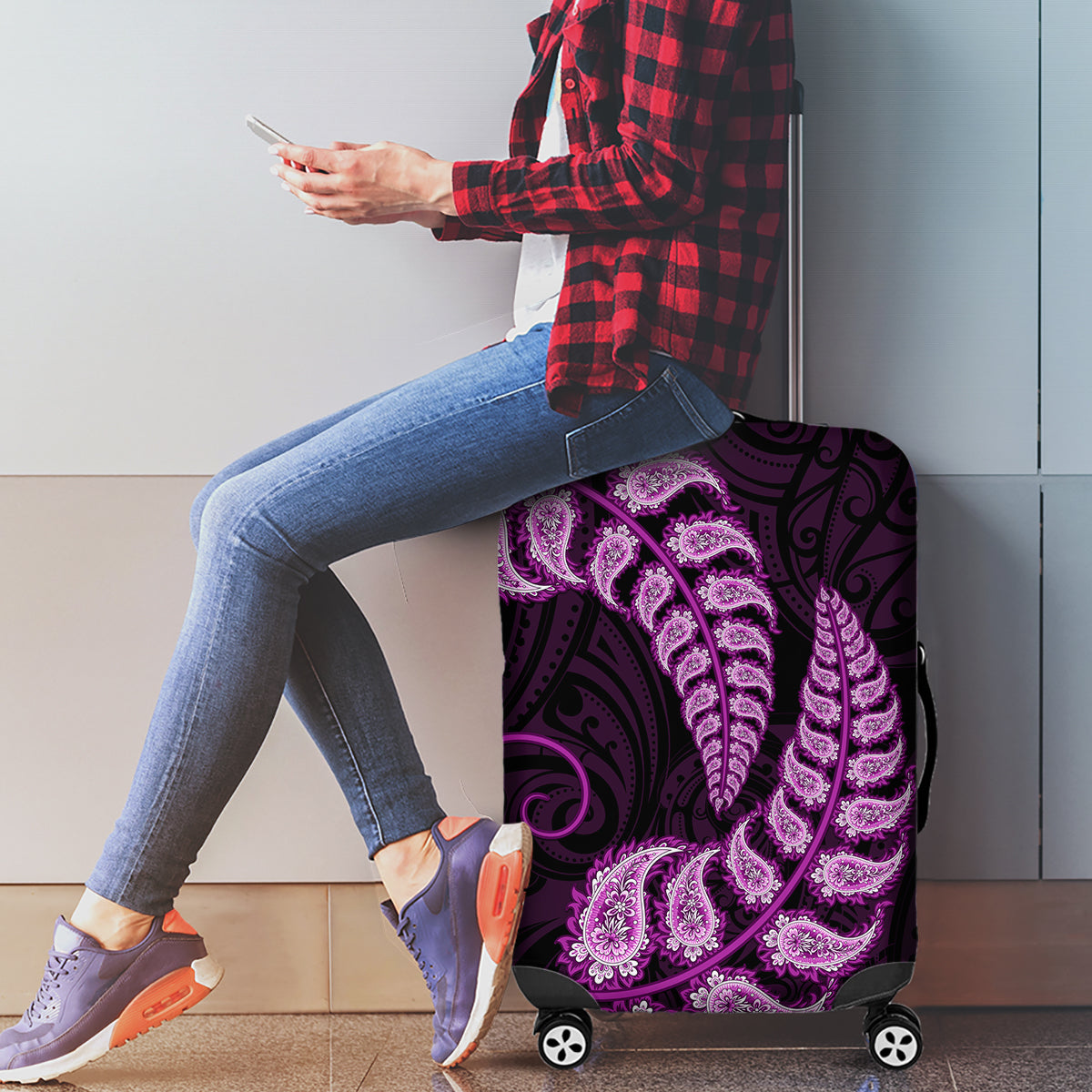 Purple New Zealand Paisley Silver Fern Luggage Cover Aotearoa Maori - Vibe Hoodie Shop