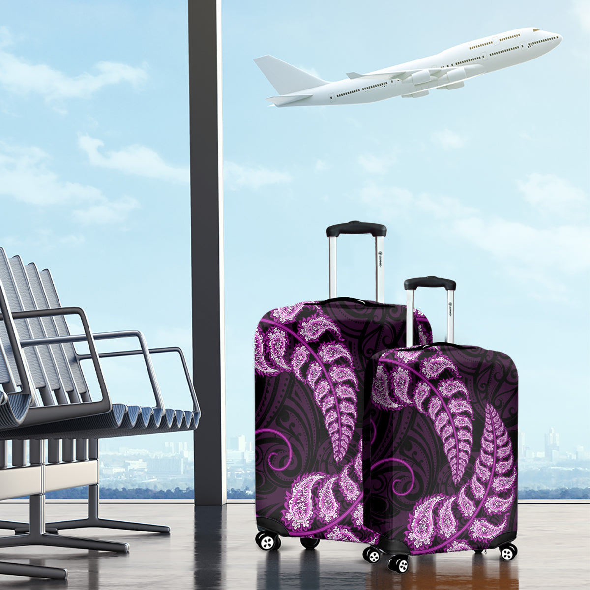 Purple New Zealand Paisley Silver Fern Luggage Cover Aotearoa Maori - Vibe Hoodie Shop