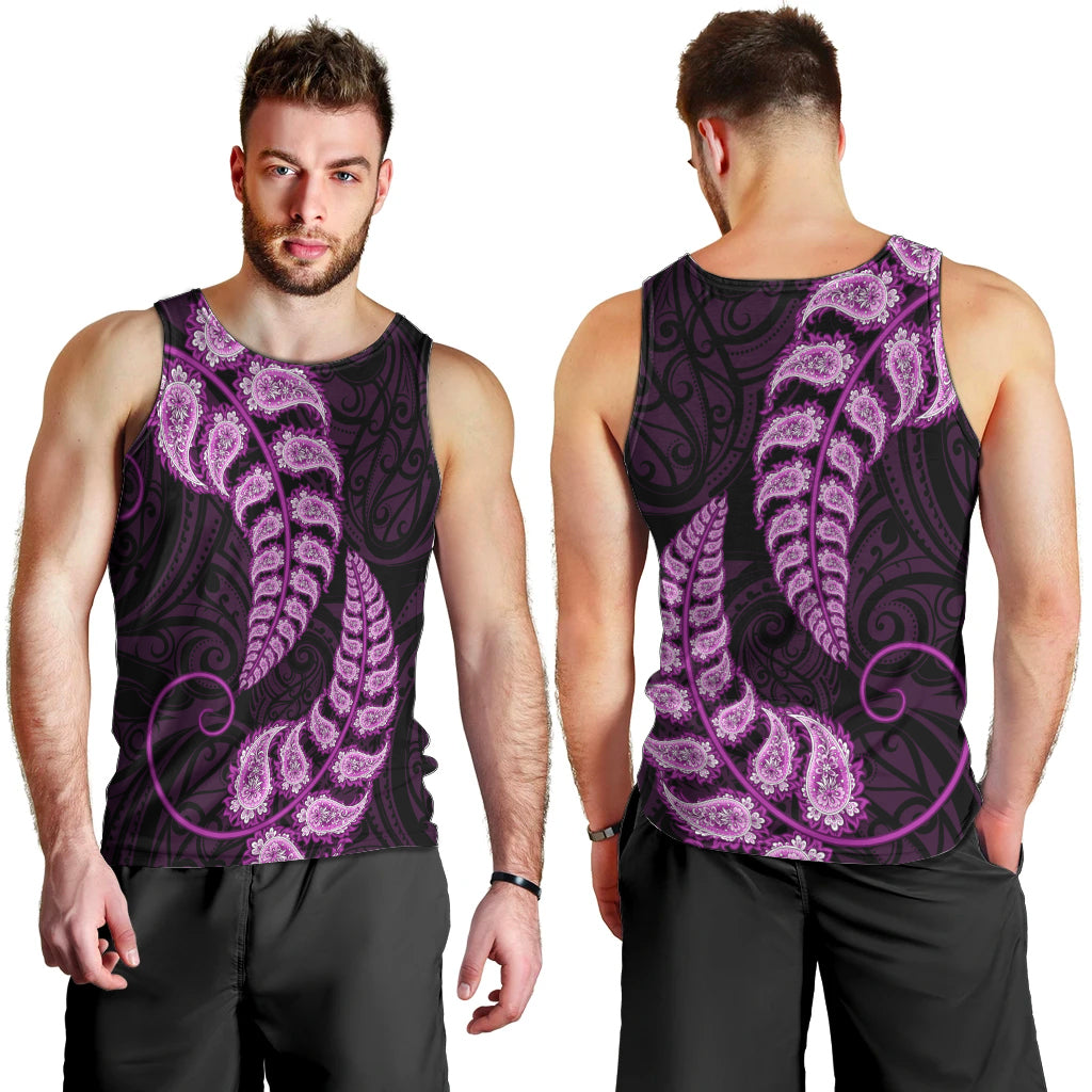 Purple New Zealand Paisley Silver Fern Men Tank Top Aotearoa Maori - Vibe Hoodie Shop