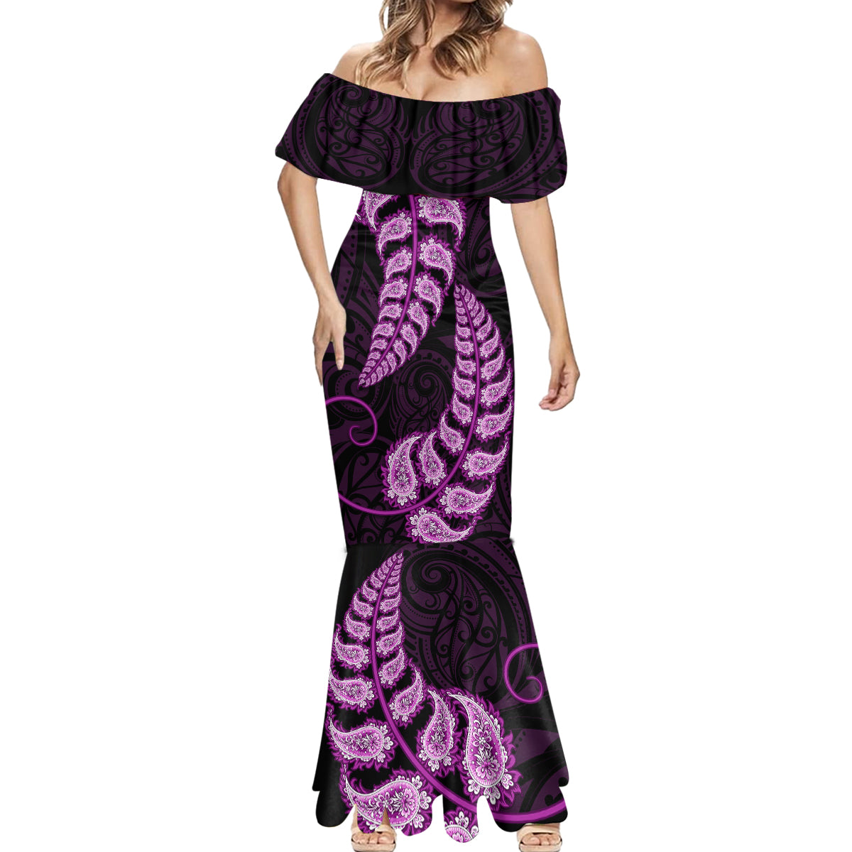 purple-new-zealand-paisley-silver-fern-mermaid-dress-aotearoa-maori