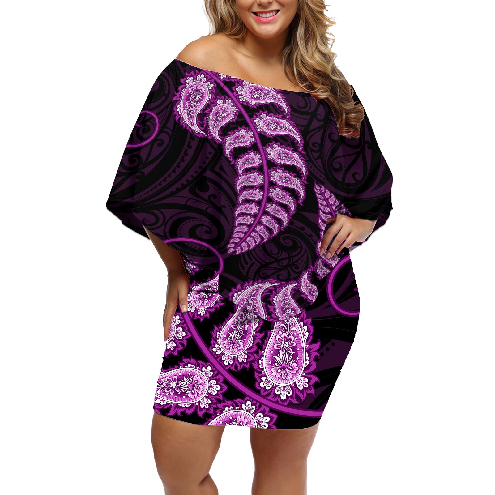 purple-new-zealand-paisley-silver-fern-off-shoulder-short-dress-aotearoa-maori