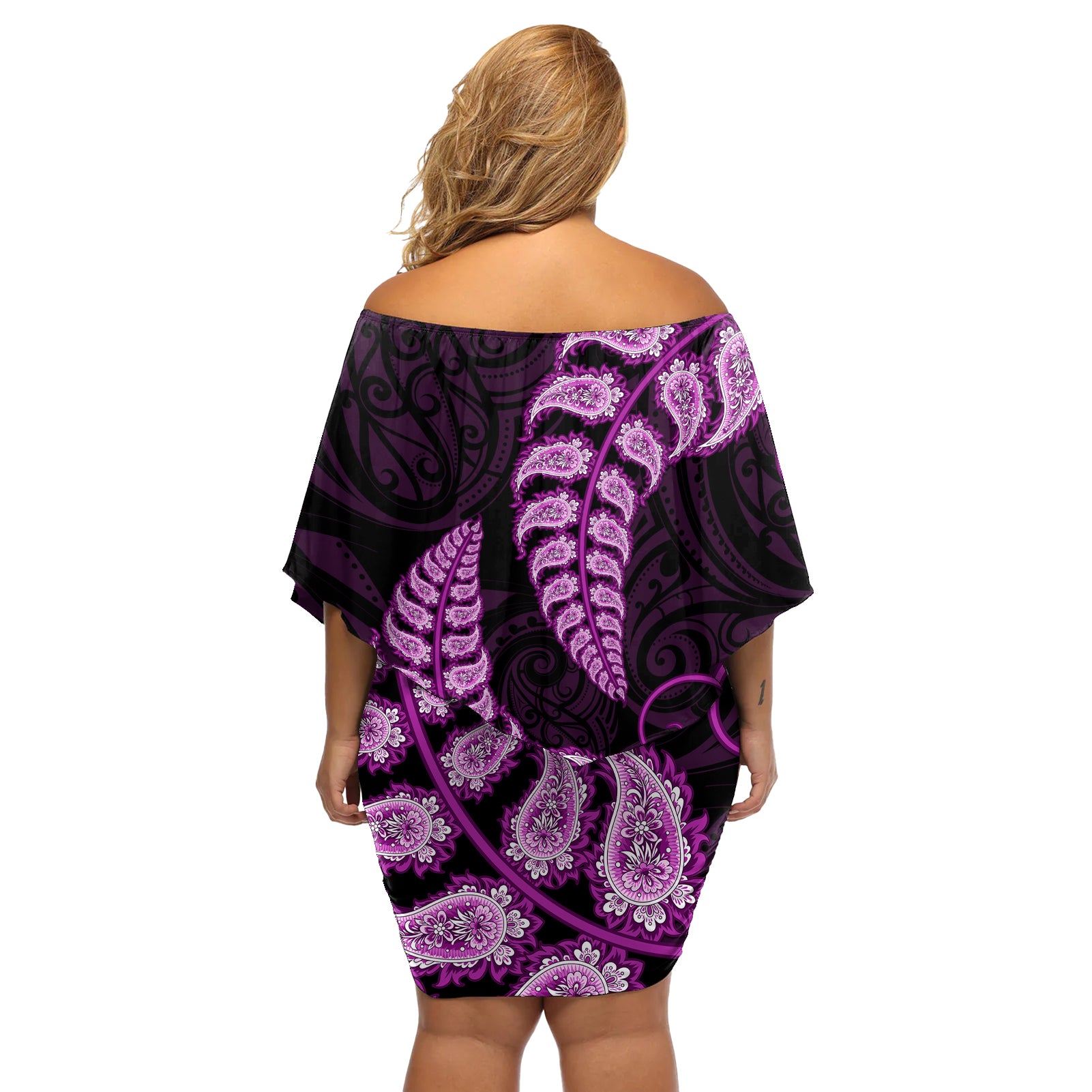 purple-new-zealand-paisley-silver-fern-off-shoulder-short-dress-aotearoa-maori