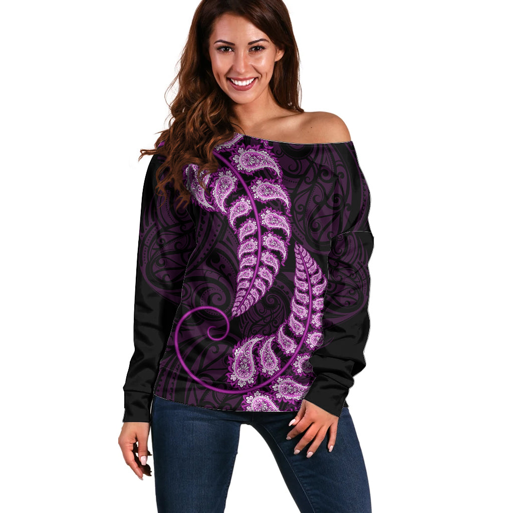 Purple New Zealand Paisley Silver Fern Off Shoulder Sweater Aotearoa Maori - Vibe Hoodie Shop