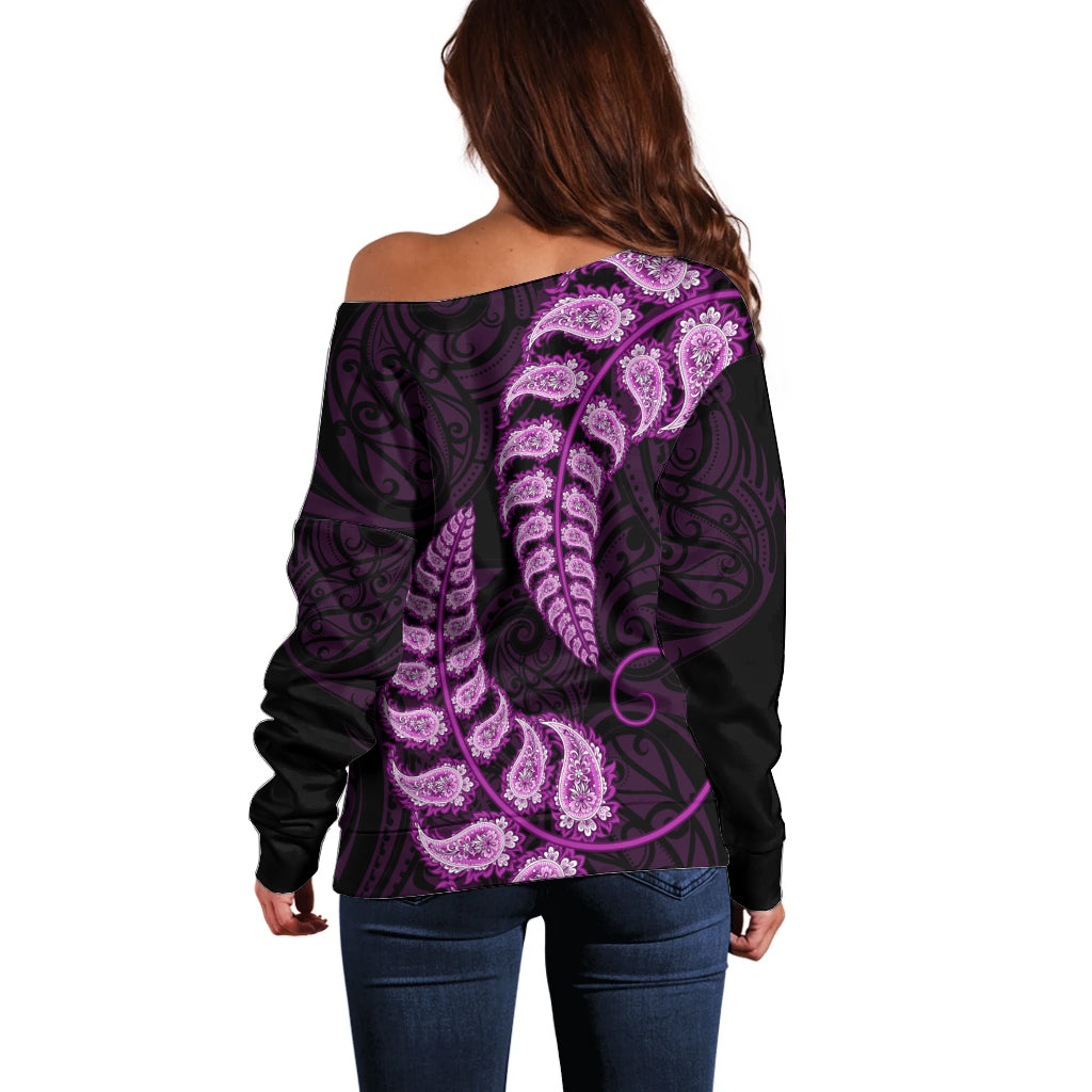 Purple New Zealand Paisley Silver Fern Off Shoulder Sweater Aotearoa Maori - Vibe Hoodie Shop