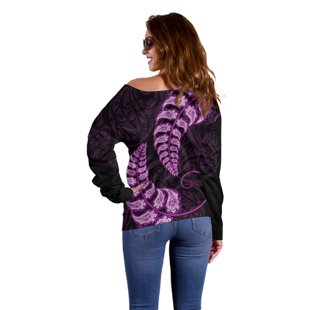 Purple New Zealand Paisley Silver Fern Off Shoulder Sweater Aotearoa Maori - Vibe Hoodie Shop