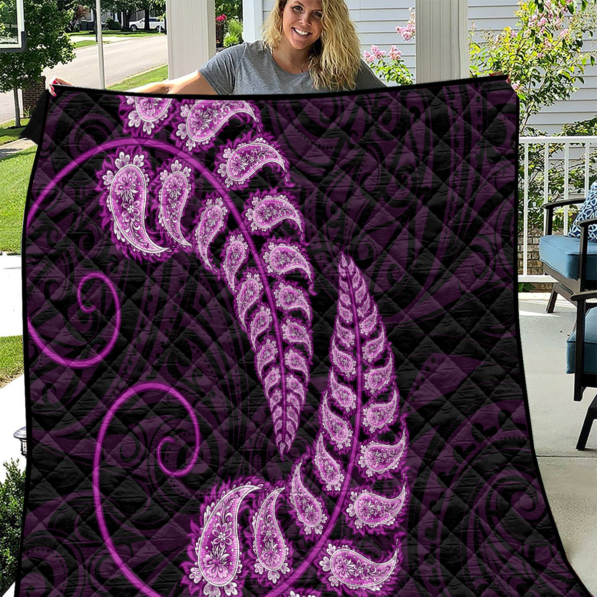 Purple New Zealand Paisley Silver Fern Quilt Aotearoa Maori - Vibe Hoodie Shop