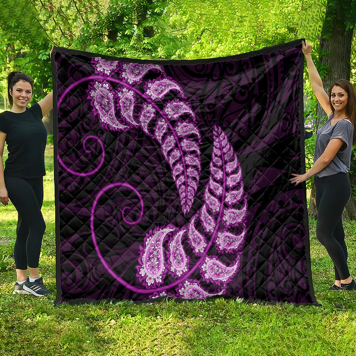 Purple New Zealand Paisley Silver Fern Quilt Aotearoa Maori - Vibe Hoodie Shop