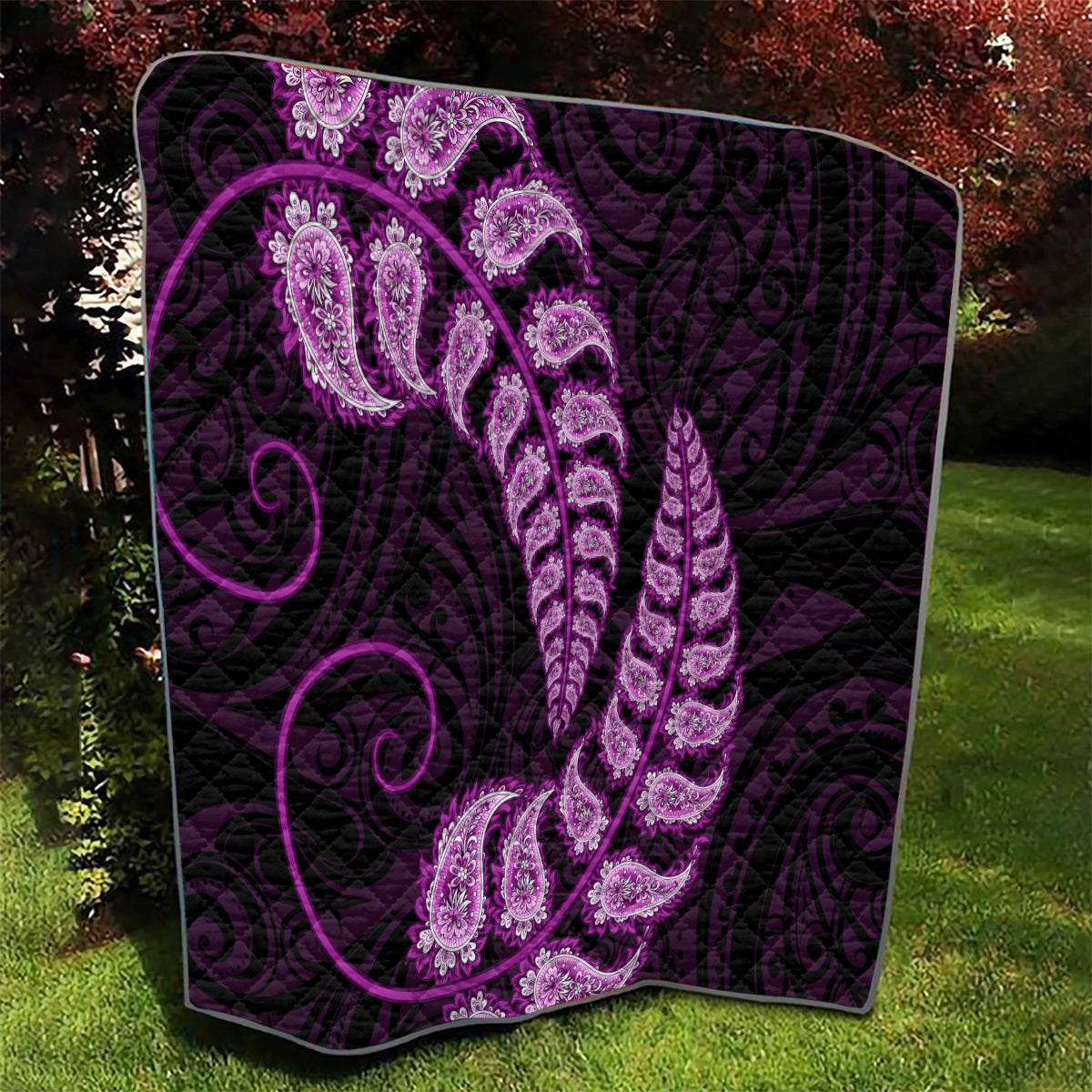 Purple New Zealand Paisley Silver Fern Quilt Aotearoa Maori - Vibe Hoodie Shop