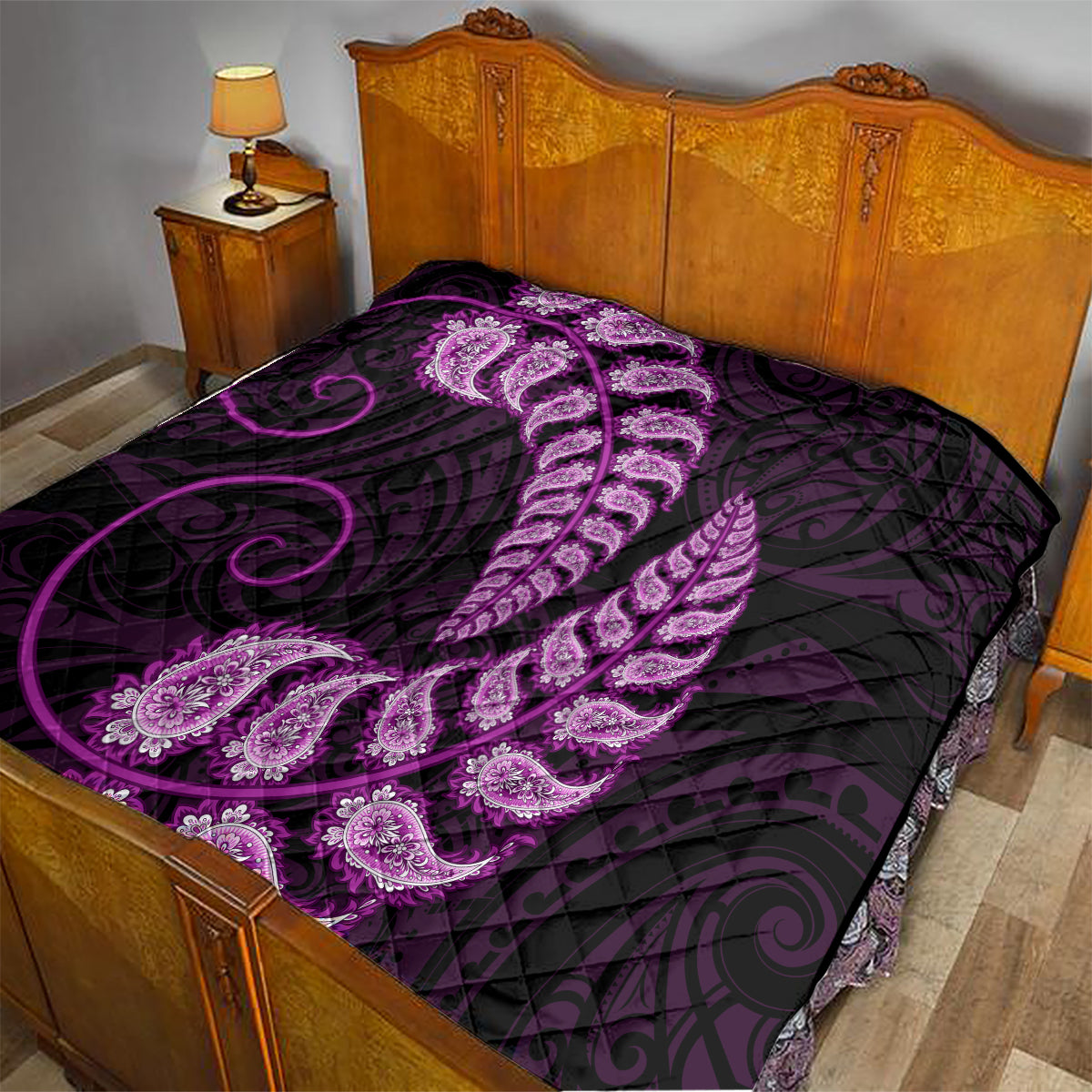 Purple New Zealand Paisley Silver Fern Quilt Aotearoa Maori - Vibe Hoodie Shop