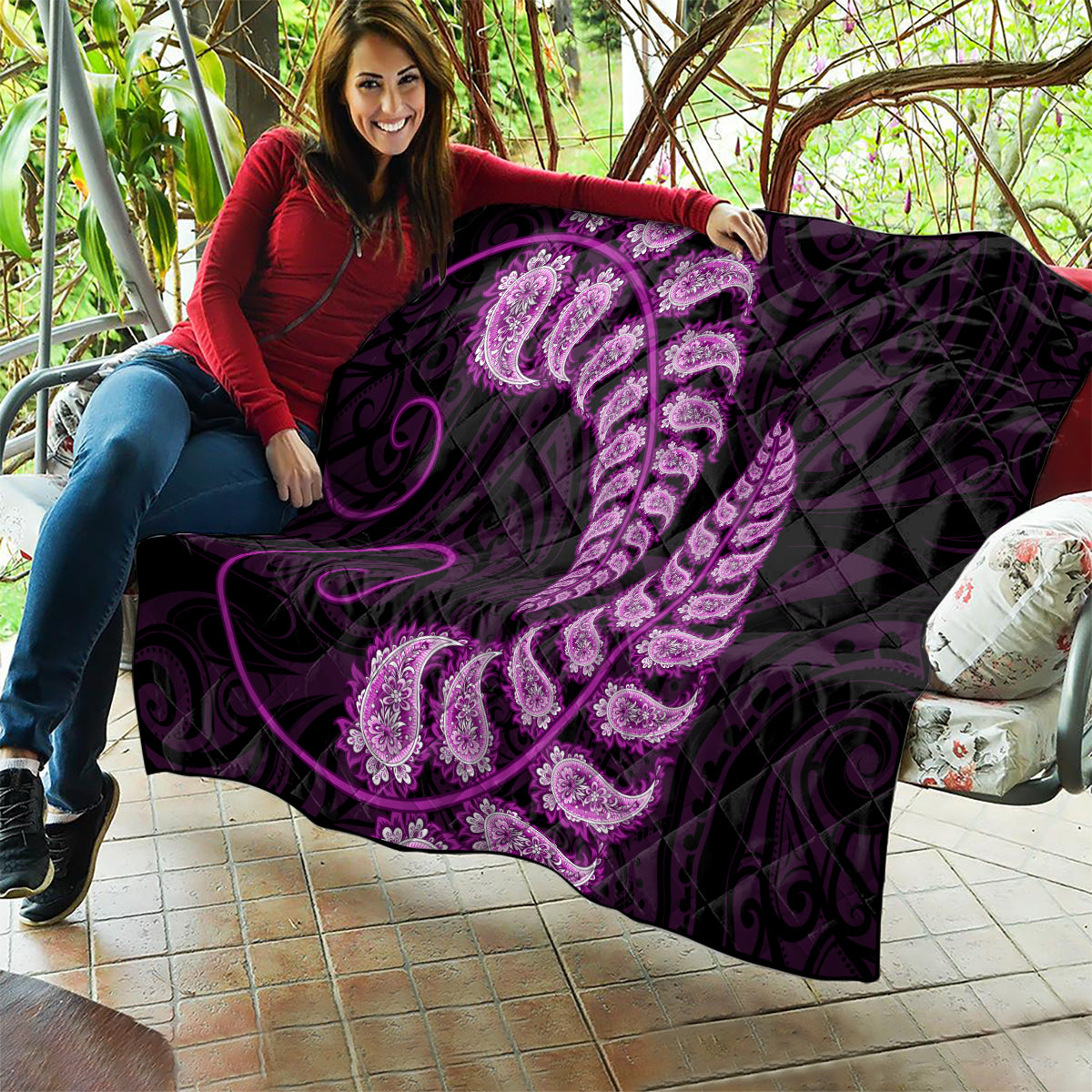 Purple New Zealand Paisley Silver Fern Quilt Aotearoa Maori - Vibe Hoodie Shop