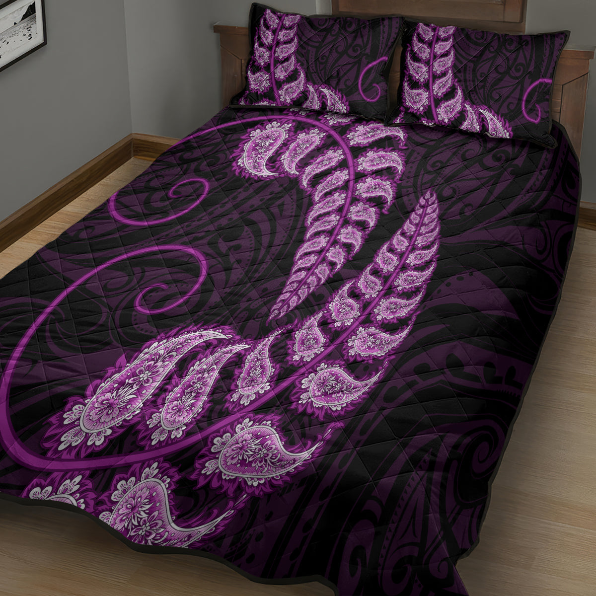 Purple New Zealand Paisley Silver Fern Quilt Bed Set Aotearoa Maori - Vibe Hoodie Shop