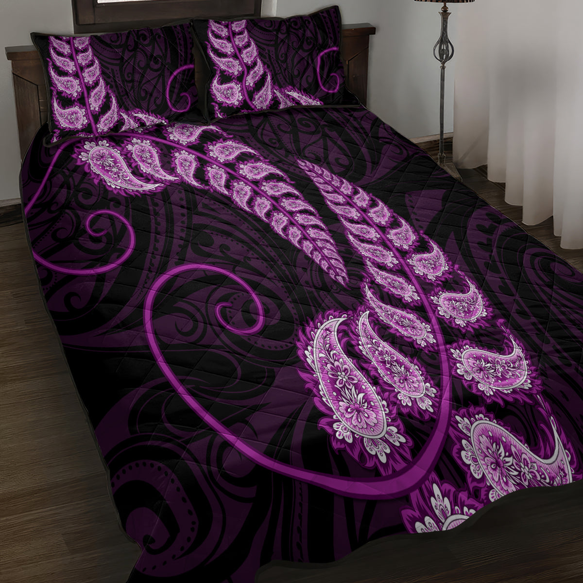 Purple New Zealand Paisley Silver Fern Quilt Bed Set Aotearoa Maori - Vibe Hoodie Shop