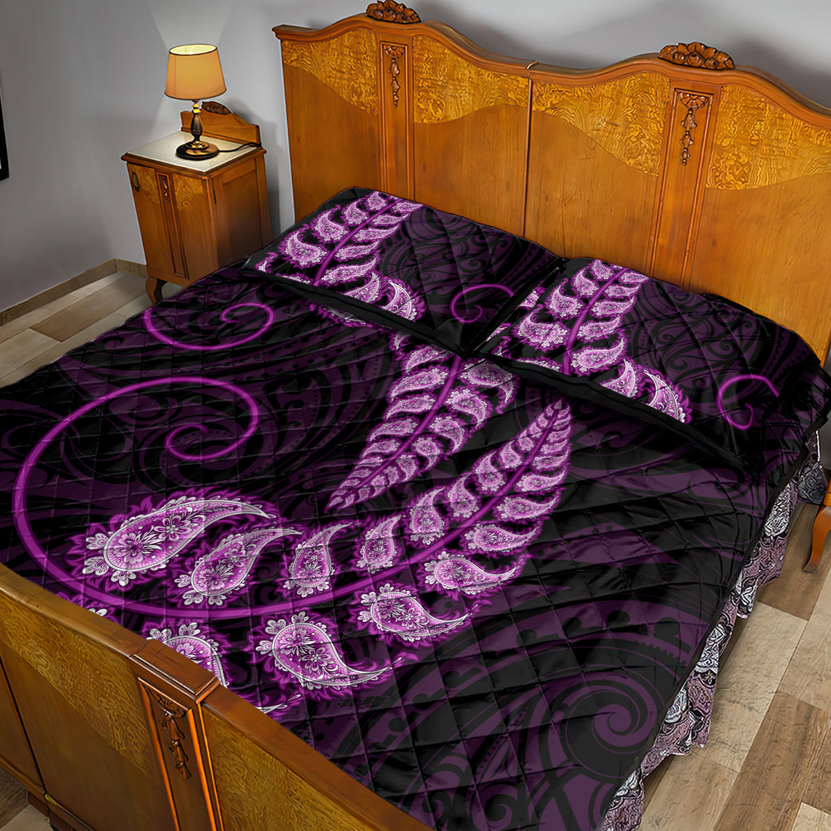 Purple New Zealand Paisley Silver Fern Quilt Bed Set Aotearoa Maori - Vibe Hoodie Shop