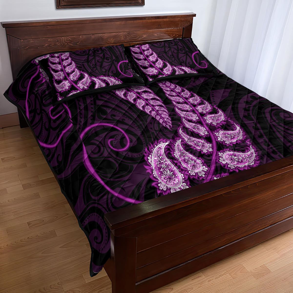 Purple New Zealand Paisley Silver Fern Quilt Bed Set Aotearoa Maori - Vibe Hoodie Shop