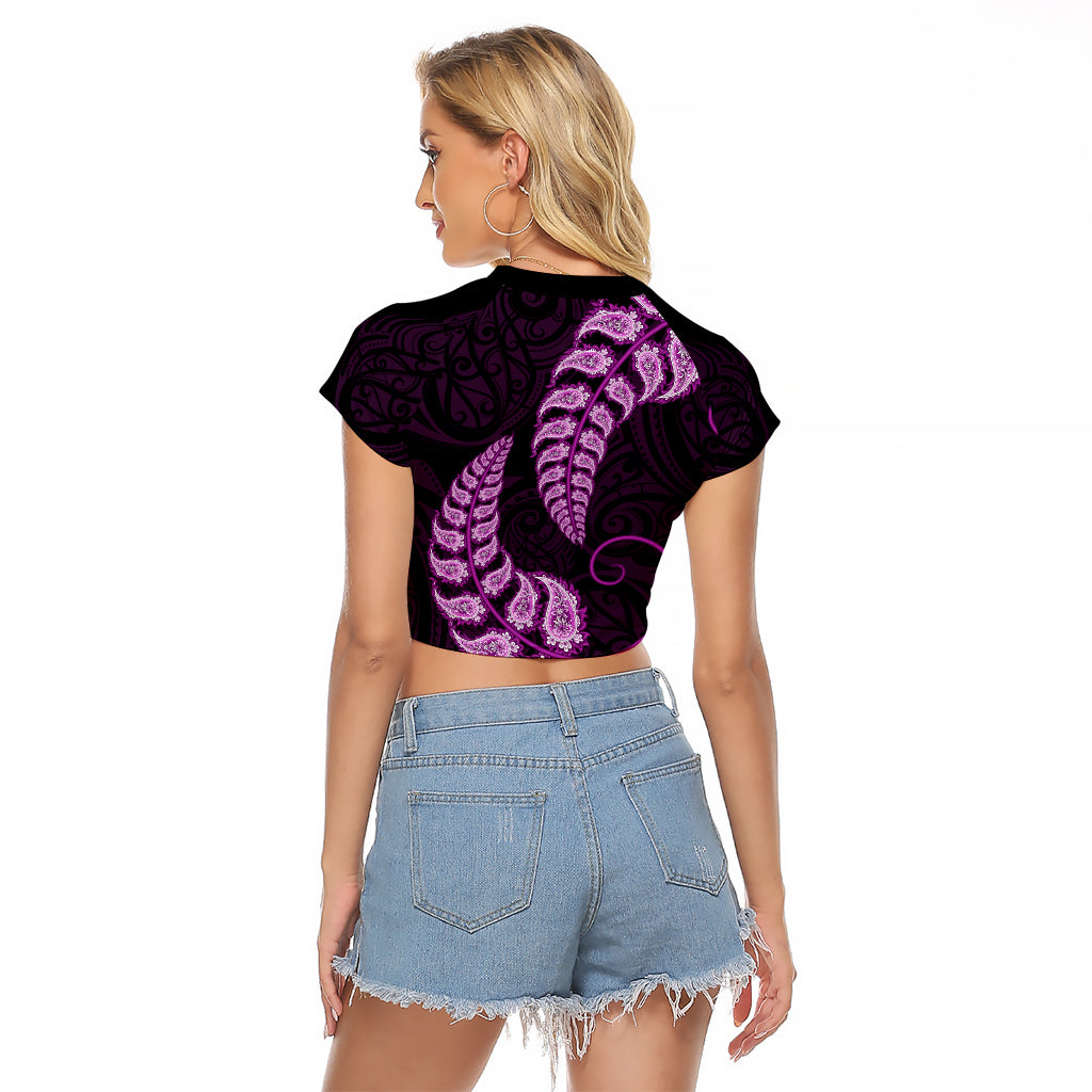 Purple New Zealand Paisley Silver Fern Raglan Cropped T Shirt Aotearoa Maori - Vibe Hoodie Shop