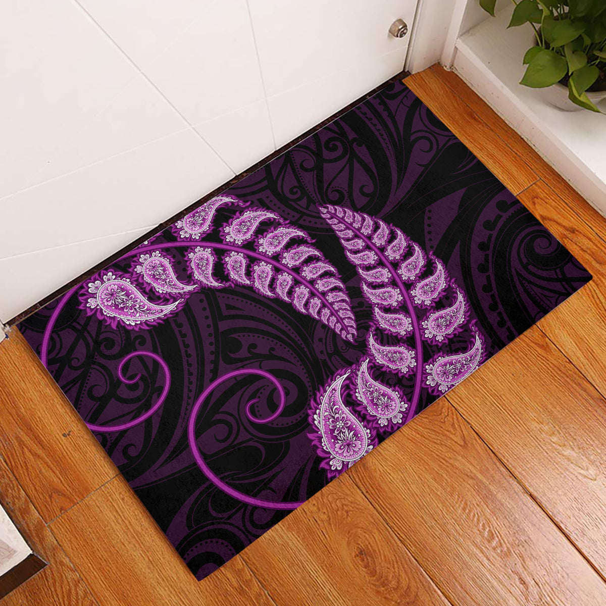 purple-new-zealand-paisley-silver-fern-rubber-doormat-aotearoa-maori