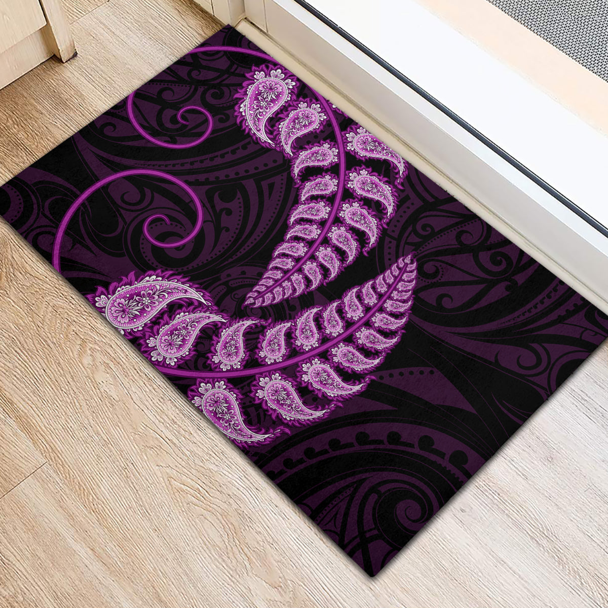 purple-new-zealand-paisley-silver-fern-rubber-doormat-aotearoa-maori