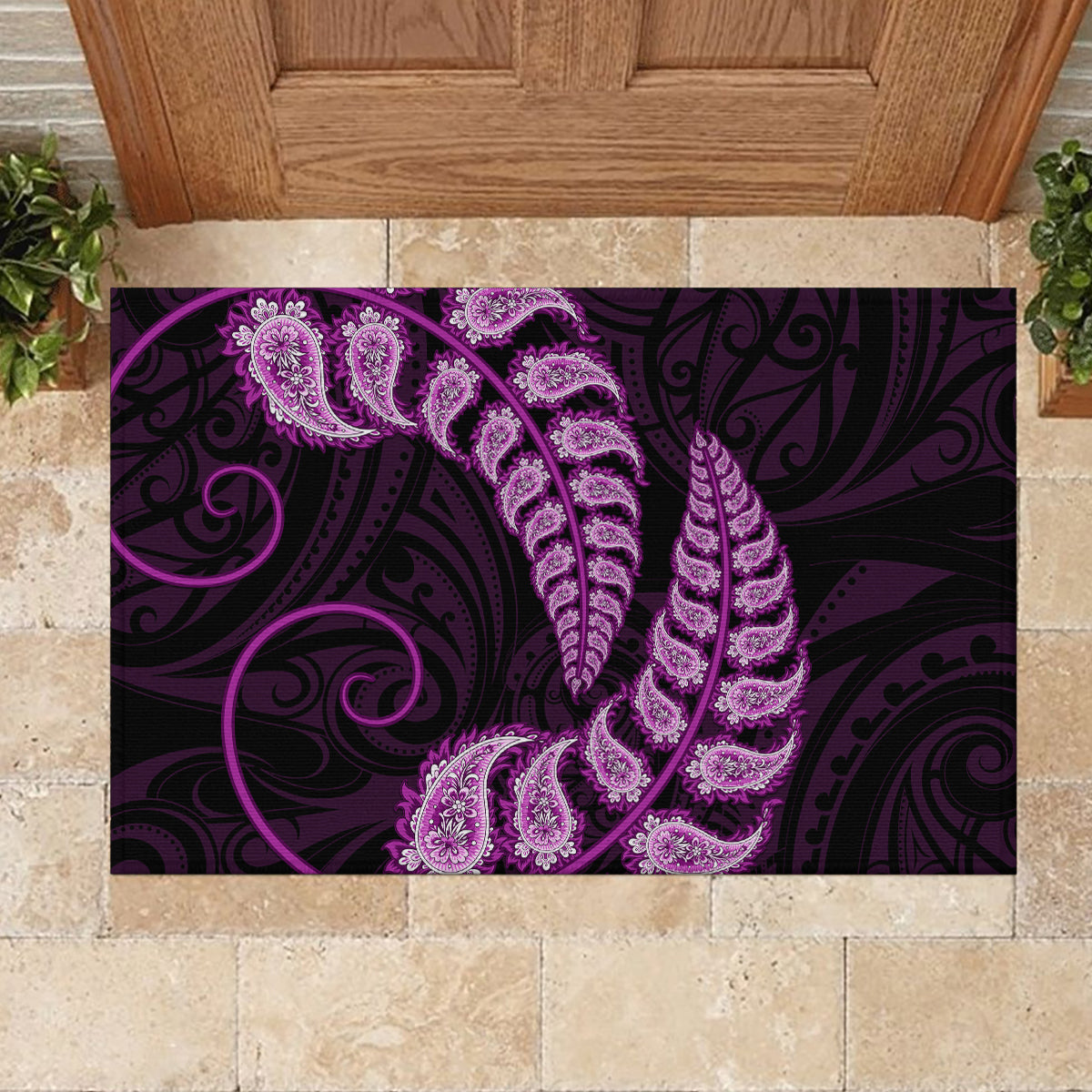 purple-new-zealand-paisley-silver-fern-rubber-doormat-aotearoa-maori