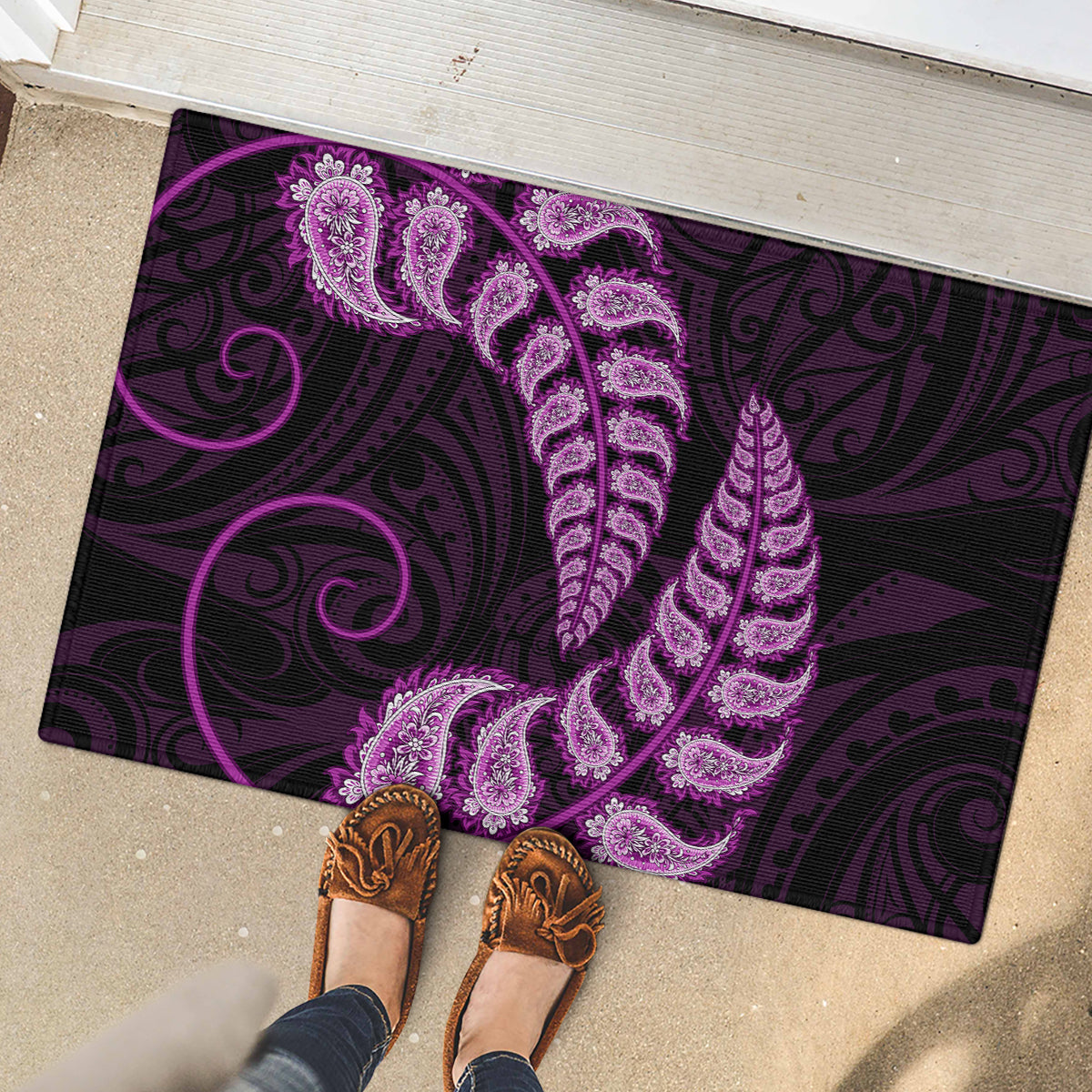 purple-new-zealand-paisley-silver-fern-rubber-doormat-aotearoa-maori