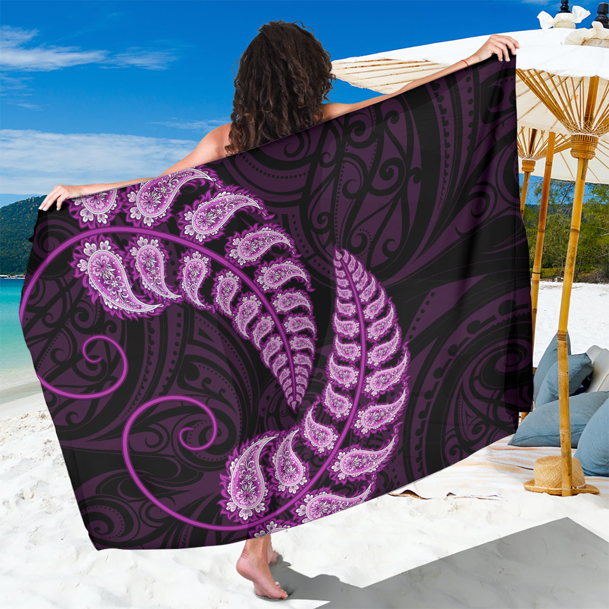 Purple New Zealand Paisley Silver Fern Sarong Aotearoa Maori - Vibe Hoodie Shop