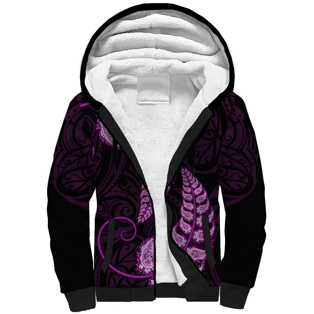 Purple New Zealand Paisley Silver Fern Sherpa Hoodie Aotearoa Maori - Vibe Hoodie Shop