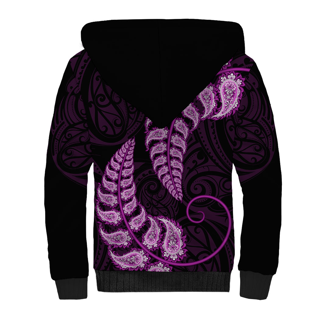 Purple New Zealand Paisley Silver Fern Sherpa Hoodie Aotearoa Maori - Vibe Hoodie Shop