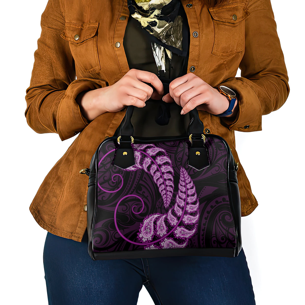 Purple New Zealand Paisley Silver Fern Shoulder Handbag Aotearoa Maori - Vibe Hoodie Shop