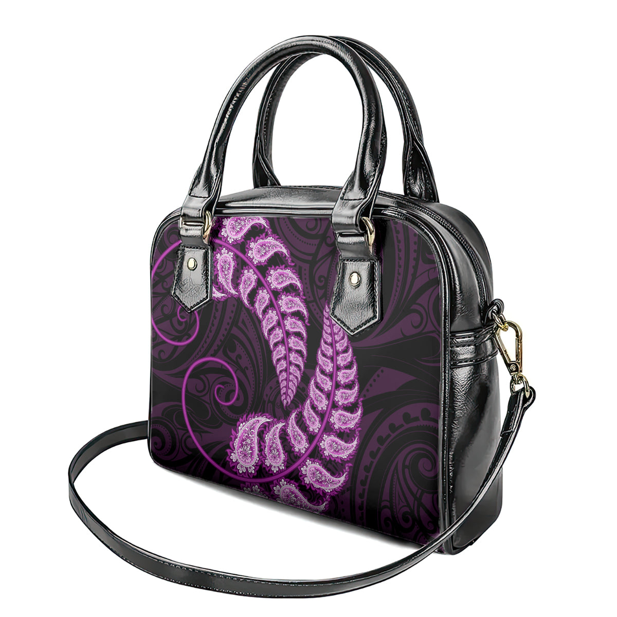 Purple New Zealand Paisley Silver Fern Shoulder Handbag Aotearoa Maori - Vibe Hoodie Shop