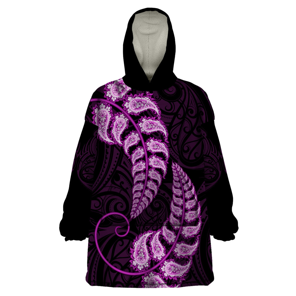 Purple New Zealand Paisley Silver Fern Wearable Blanket Hoodie Aotearoa Maori - Vibe Hoodie Shop