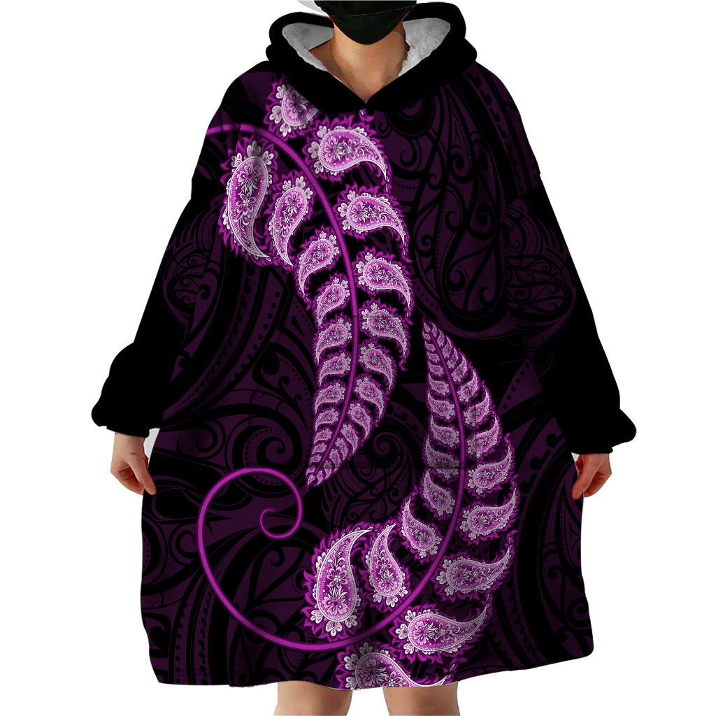 Purple New Zealand Paisley Silver Fern Wearable Blanket Hoodie Aotearoa Maori - Vibe Hoodie Shop