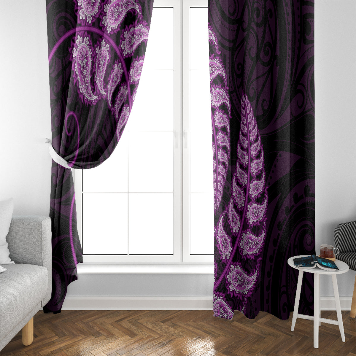 purple-new-zealand-paisley-silver-fern-window-curtain-aotearoa-maori