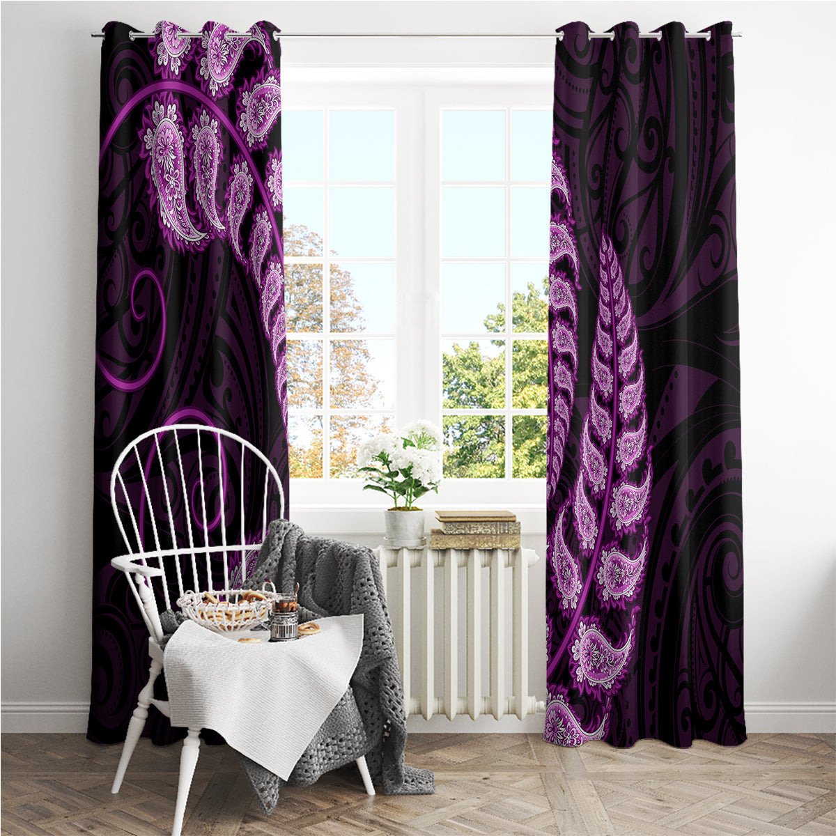 purple-new-zealand-paisley-silver-fern-window-curtain-aotearoa-maori