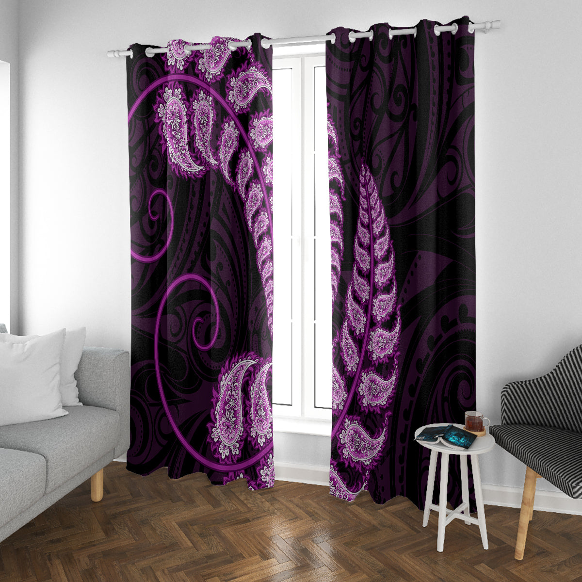 purple-new-zealand-paisley-silver-fern-window-curtain-aotearoa-maori