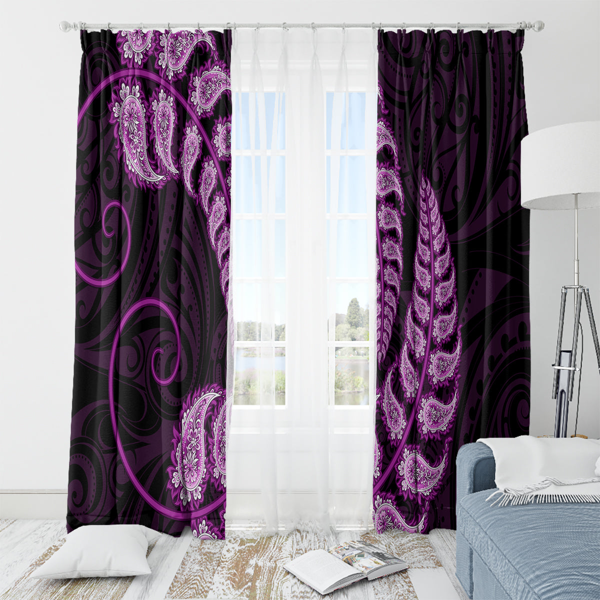 purple-new-zealand-paisley-silver-fern-window-curtain-aotearoa-maori