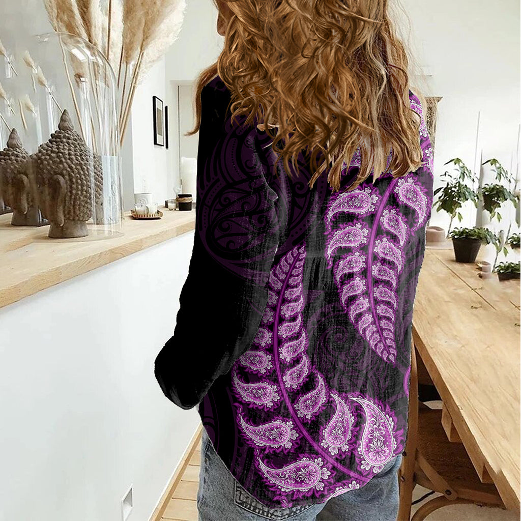 Purple New Zealand Paisley Silver Fern Women Casual Shirt Aotearoa Maori - Vibe Hoodie Shop