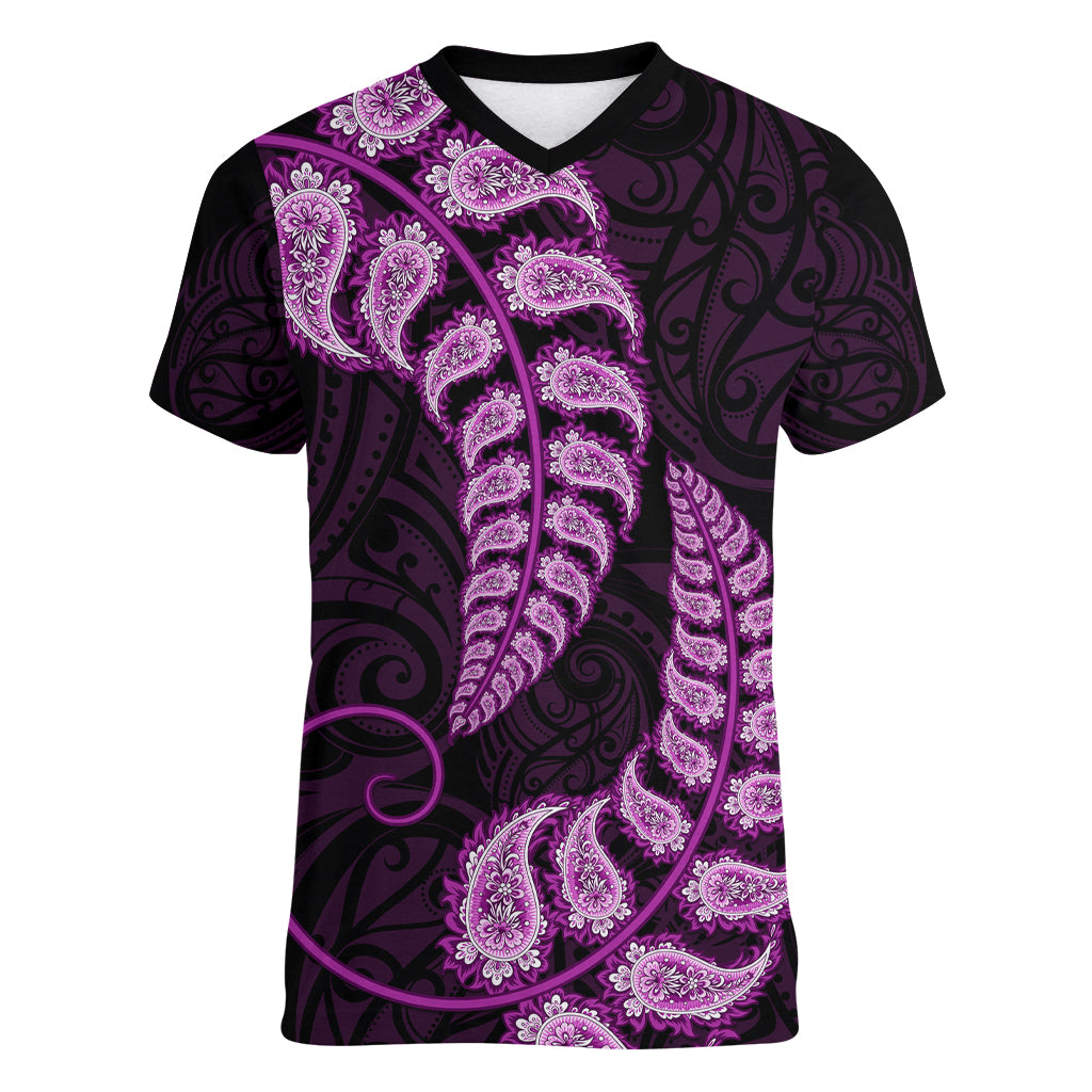 Purple New Zealand Paisley Silver Fern Women V Neck T Shirt Aotearoa Maori - Vibe Hoodie Shop