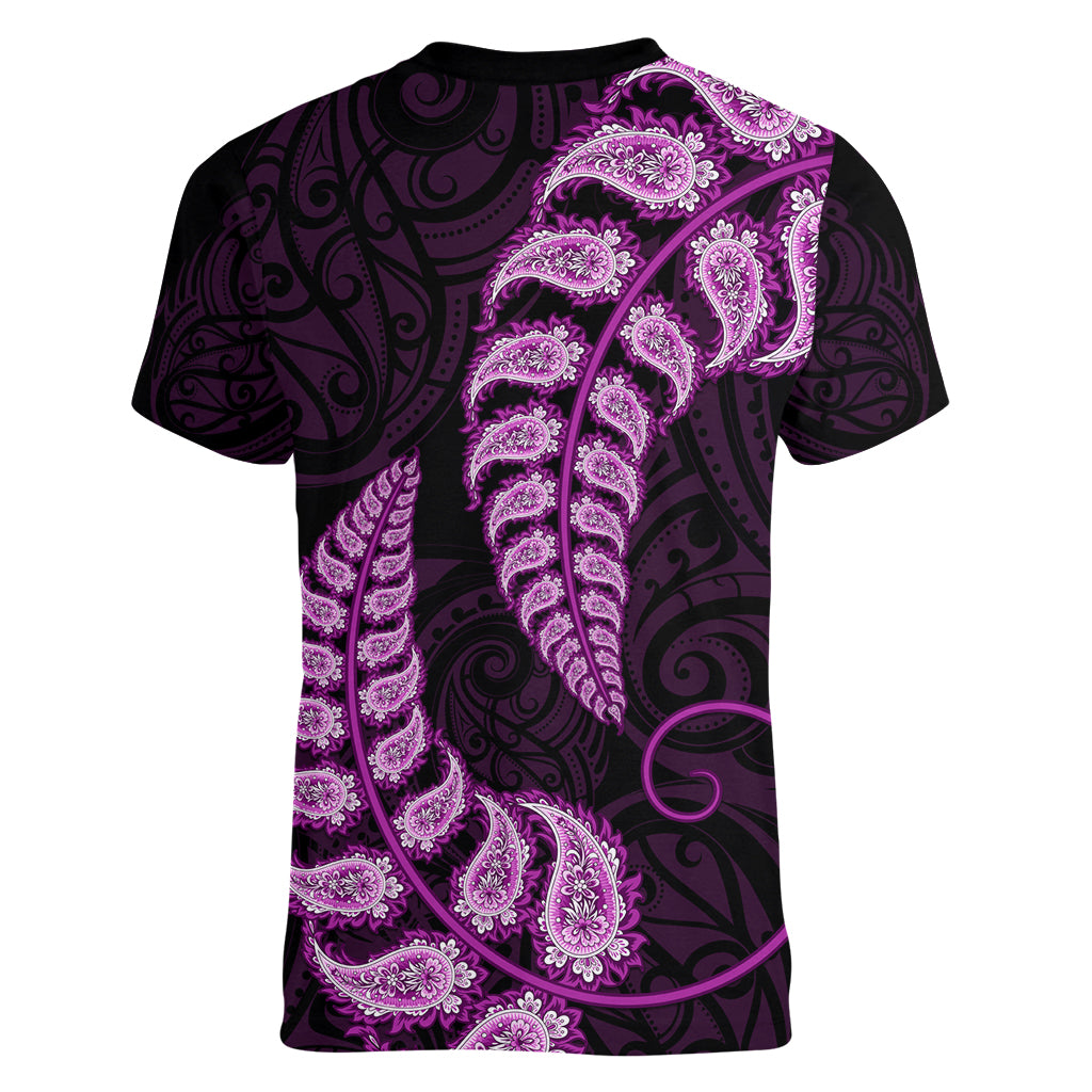 Purple New Zealand Paisley Silver Fern Women V Neck T Shirt Aotearoa Maori - Vibe Hoodie Shop