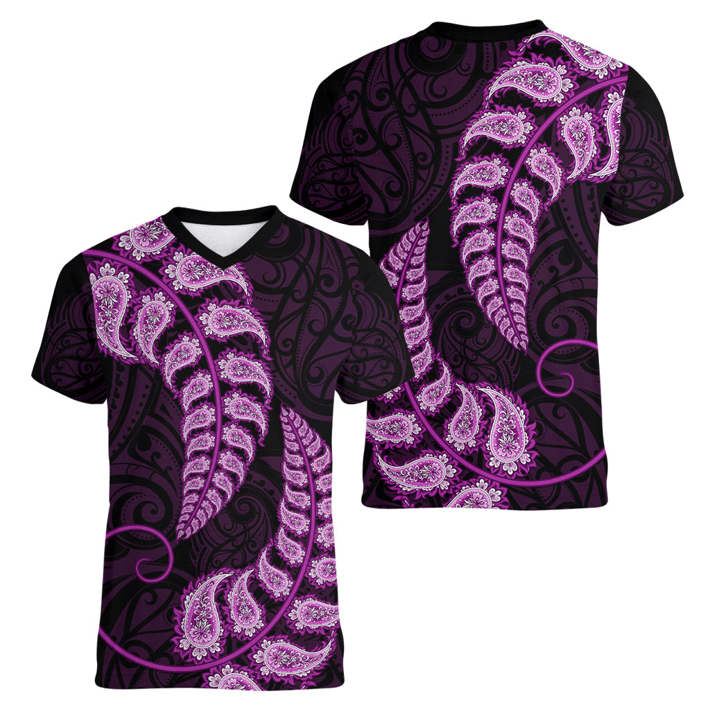 Purple New Zealand Paisley Silver Fern Women V Neck T Shirt Aotearoa Maori - Vibe Hoodie Shop