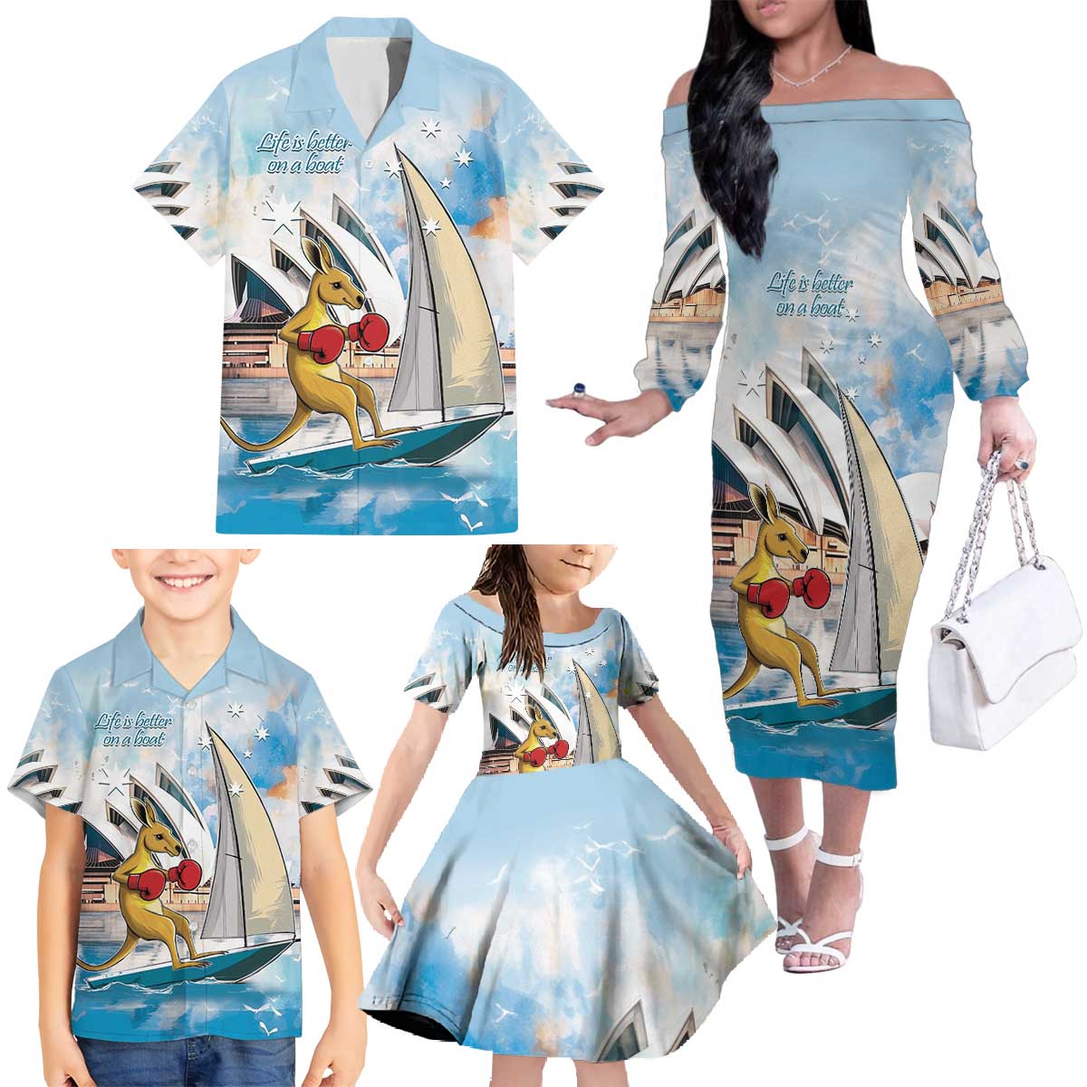 Personalised Australia Sailing Family Matching Off The Shoulder Long Sleeve Dress and Hawaiian Shirt Life Is Better On A Boat