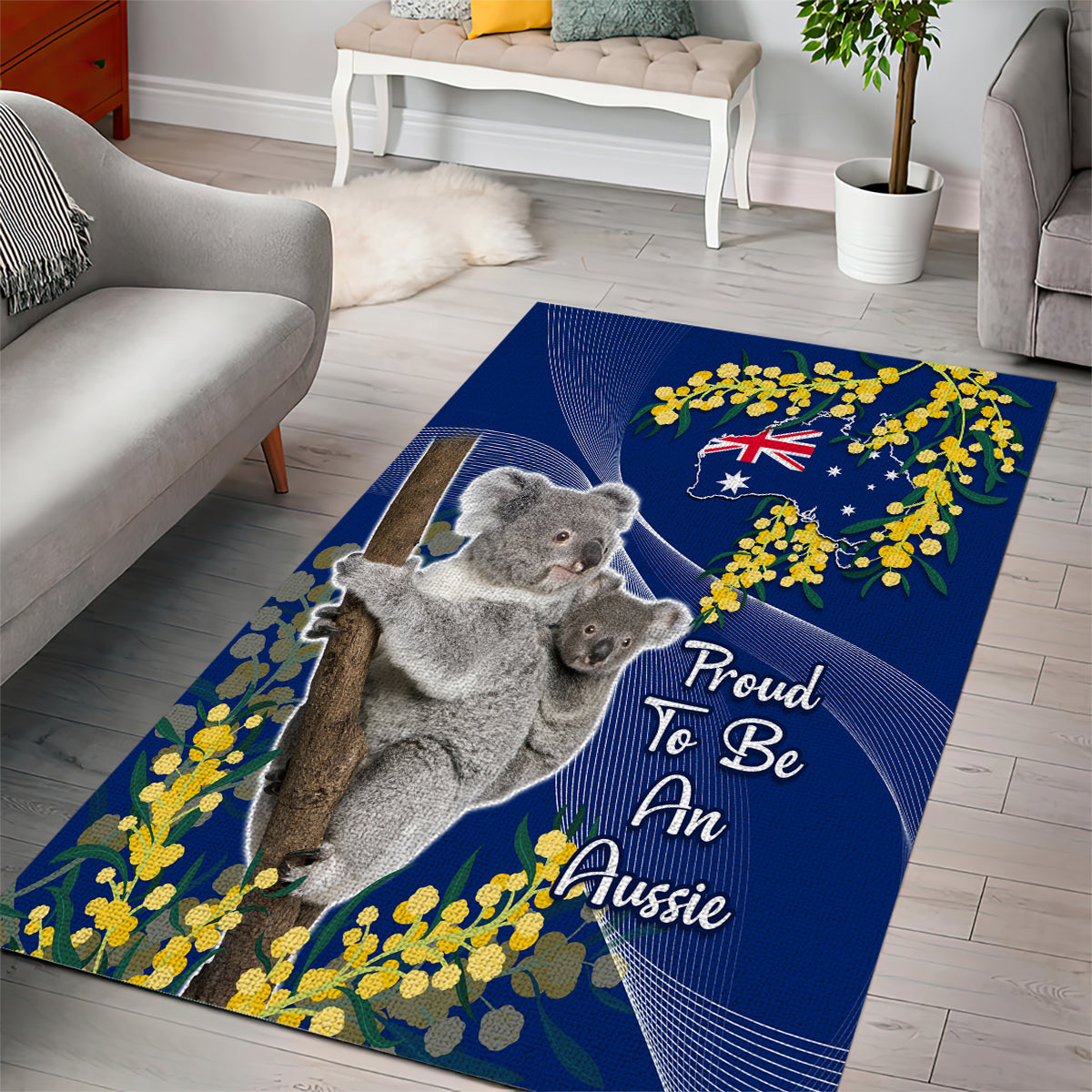 Australia Day Area Rug Proud To Be An Aussie Koala With Map Golden Wattle - Vibe Hoodie Shop