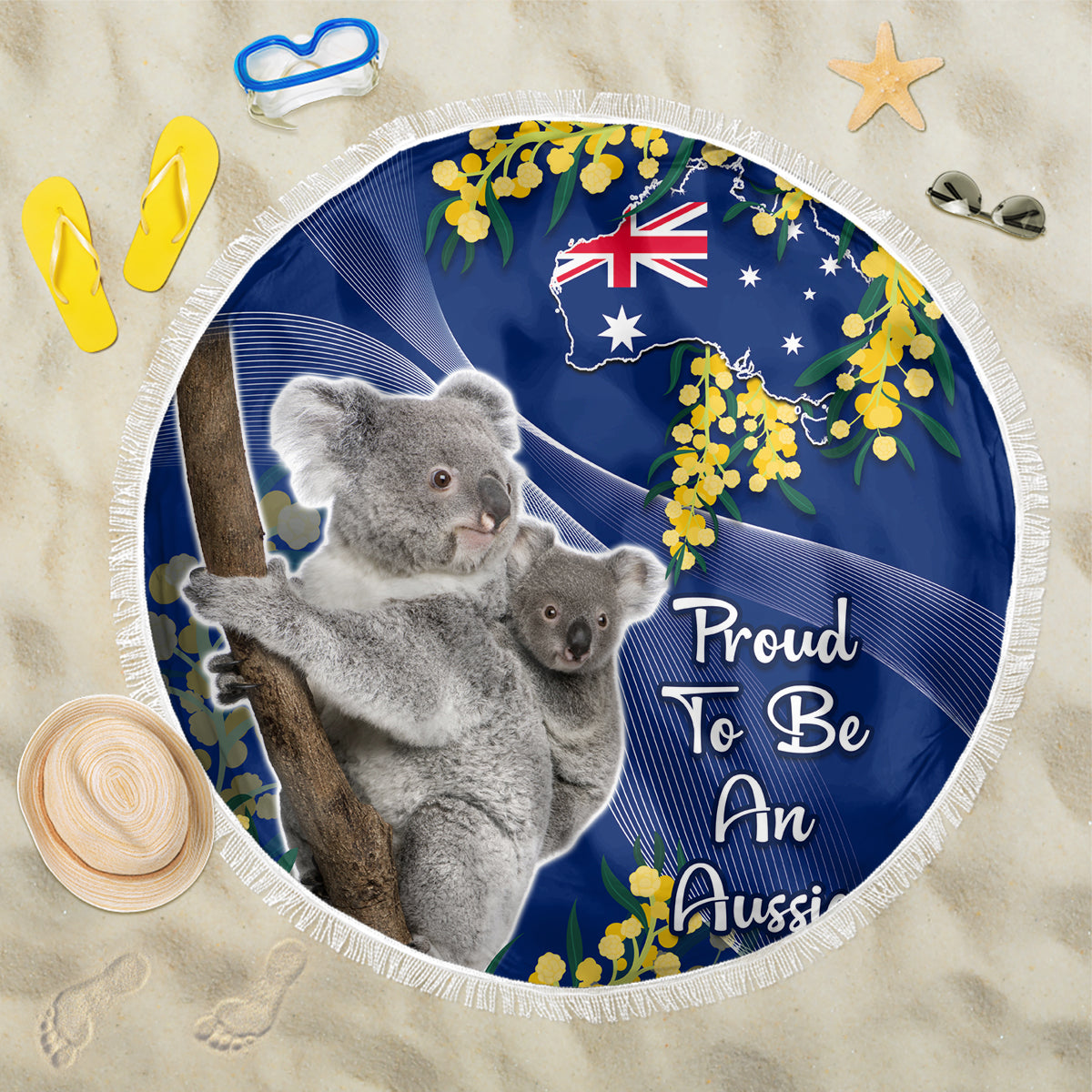 Australia Day Beach Blanket Proud To Be An Aussie Koala With Map Golden Wattle