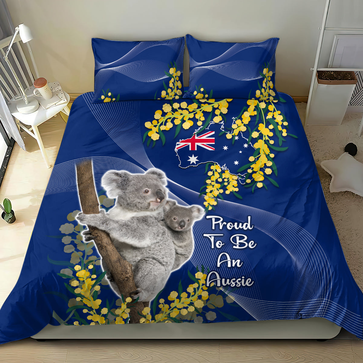 Australia Day Bedding Set Proud To Be An Aussie Koala With Map Golden Wattle - Vibe Hoodie Shop