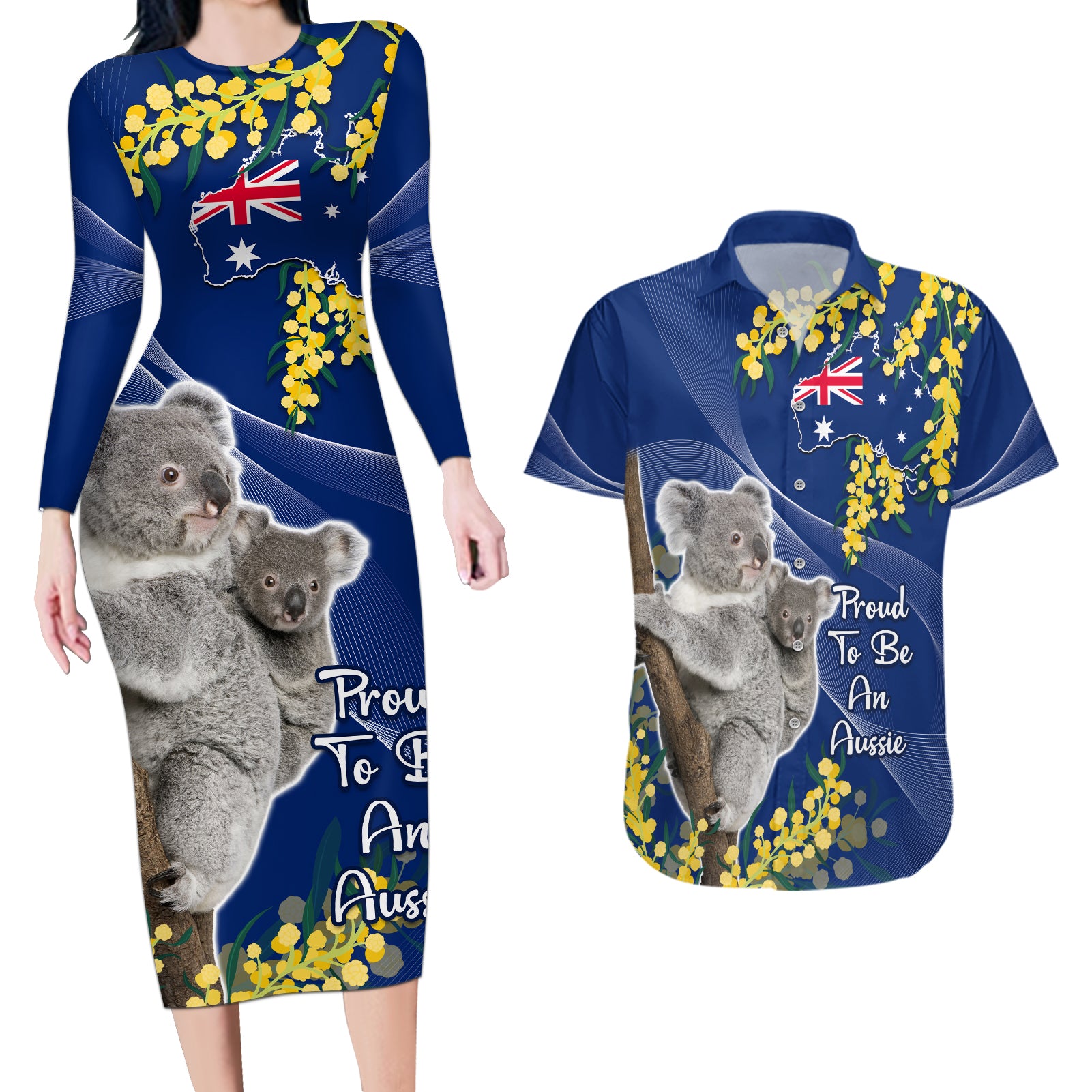 Australia Day Couples Matching Long Sleeve Bodycon Dress and Hawaiian Shirt Proud To Be An Aussie Koala With Map Golden Wattle