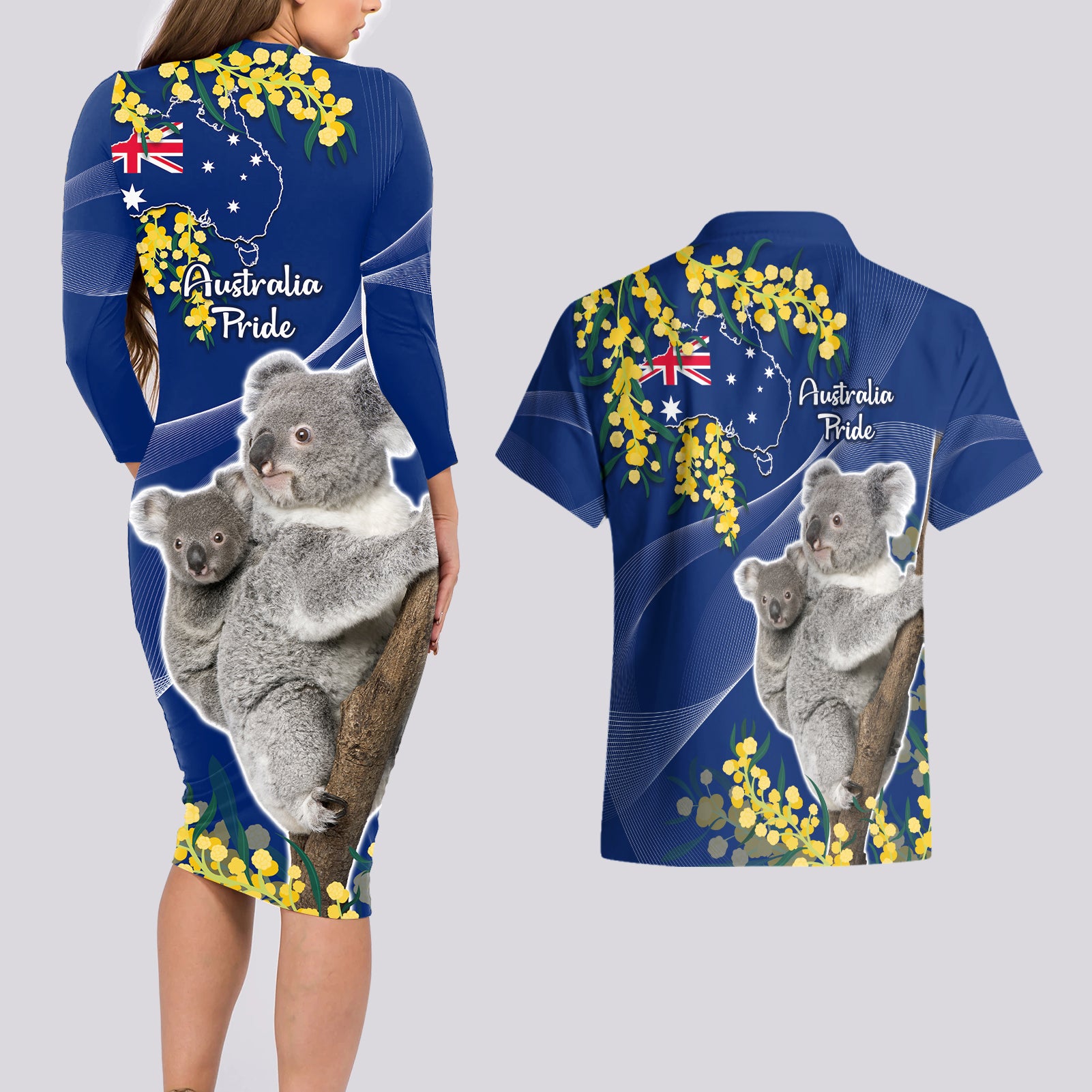 Australia Day Couples Matching Long Sleeve Bodycon Dress and Hawaiian Shirt Proud To Be An Aussie Koala With Map Golden Wattle