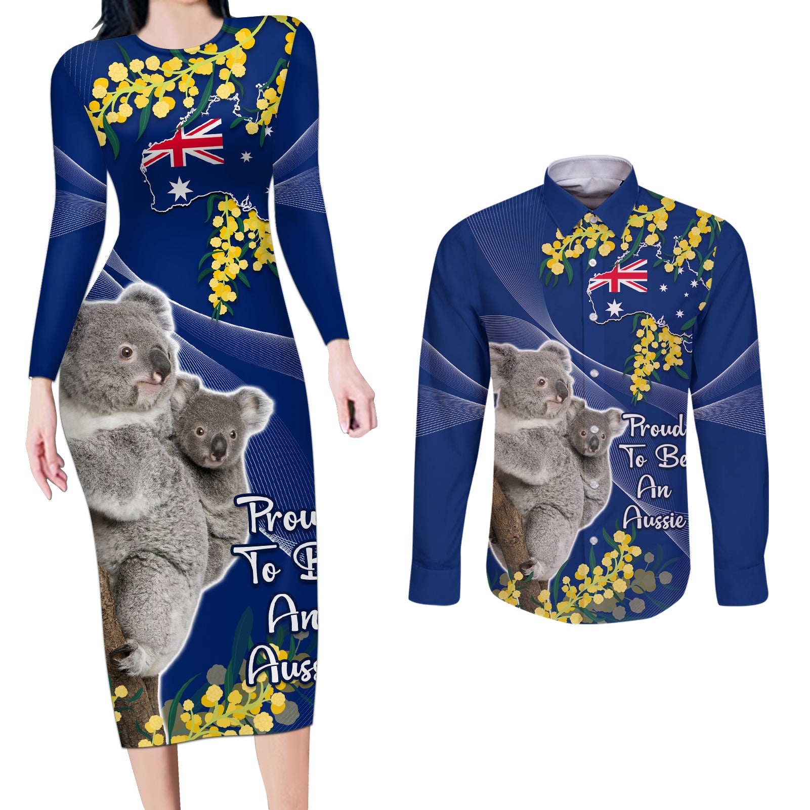 Australia Day Couples Matching Long Sleeve Bodycon Dress and Long Sleeve Button Shirt Proud To Be An Aussie Koala With Map Golden Wattle