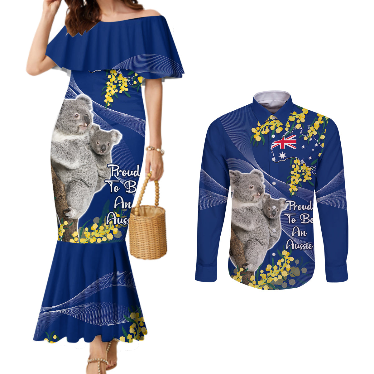 Australia Day Couples Matching Mermaid Dress and Long Sleeve Button Shirt Proud To Be An Aussie Koala With Map Golden Wattle