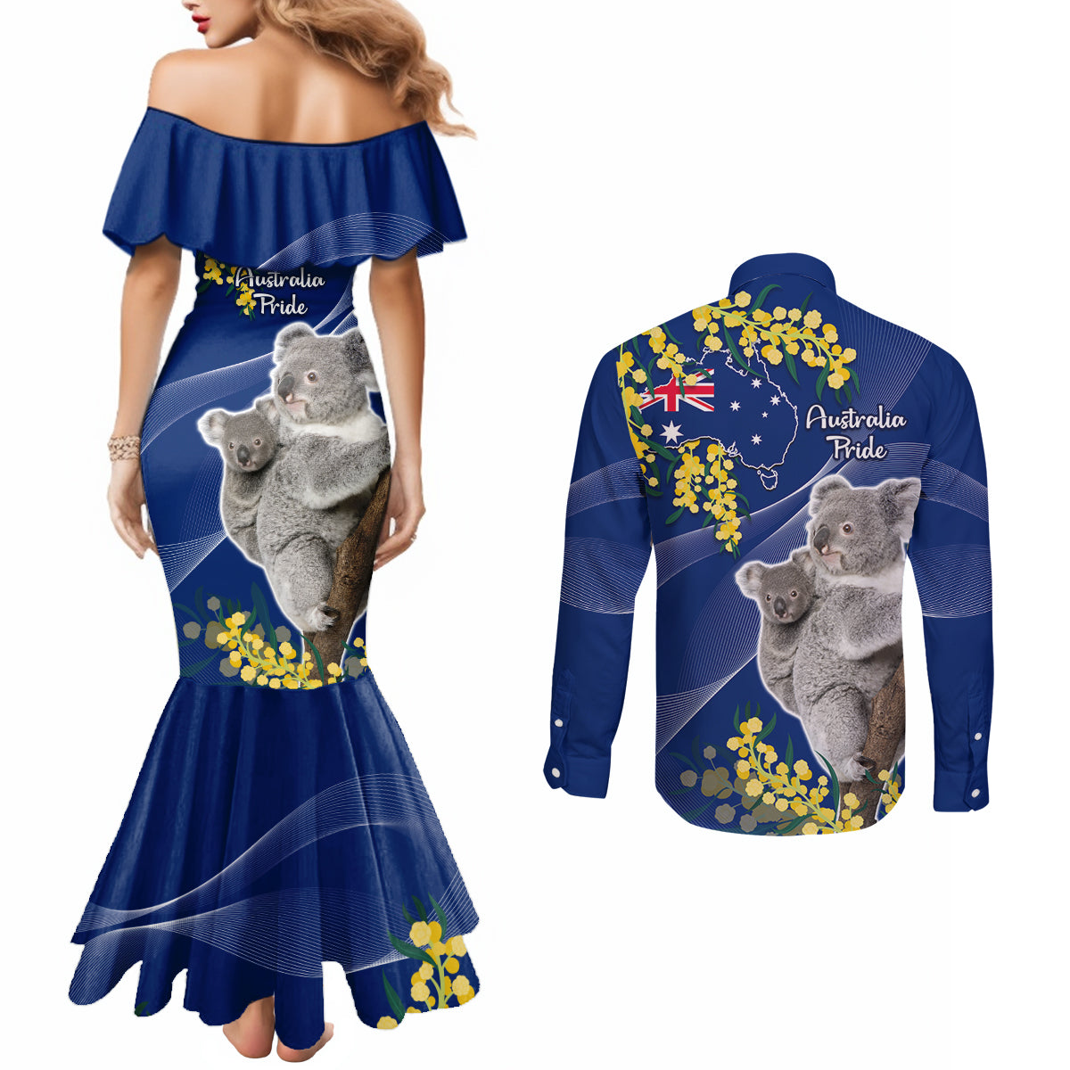 Australia Day Couples Matching Mermaid Dress and Long Sleeve Button Shirt Proud To Be An Aussie Koala With Map Golden Wattle