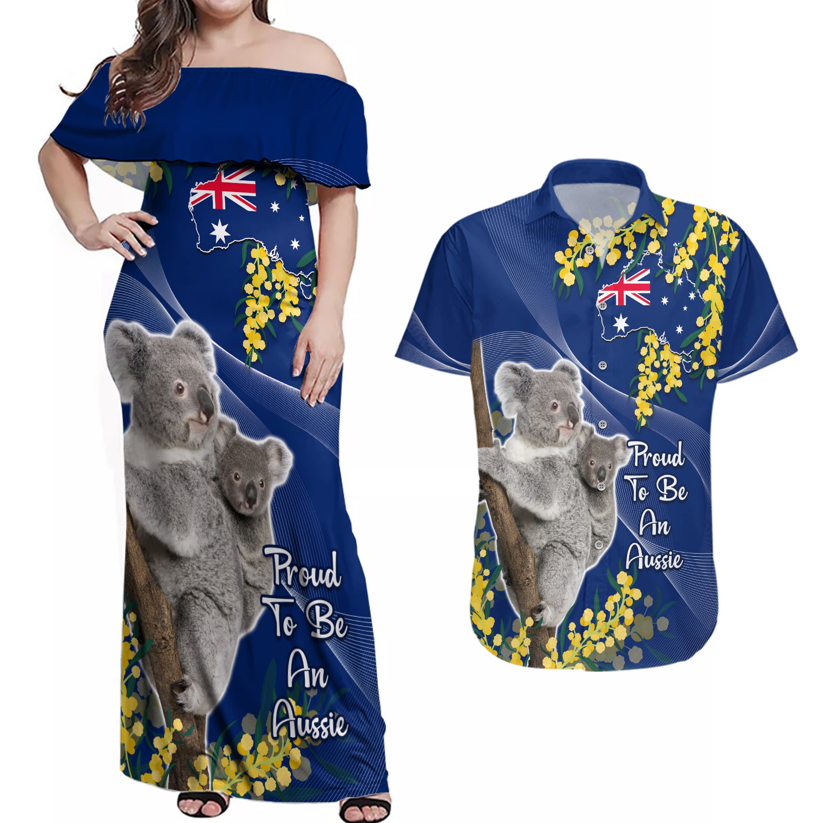 Australia Day Couples Matching Off Shoulder Maxi Dress and Hawaiian Shirt Proud To Be An Aussie Koala With Map Golden Wattle